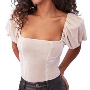 Reformation Size 4 Luka Velvet Top In Antique Cream Puff Sleeve Romantic Cottage